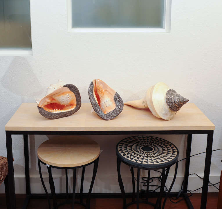 Conch Shells Embellished with Sterling Silver Repousee